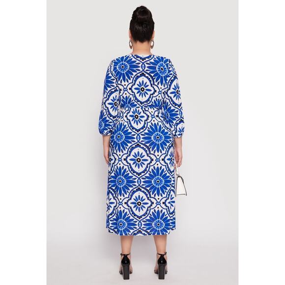 Women’s Mlle Gabrielle Blue Floral Midi Dress Plus Size 1X Bubble Sleeves NWT - Picture 2 of 7